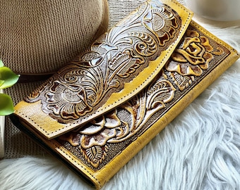 Handmade Embossed Floral Leather Wallet for Women: Sustainable Boho Style
