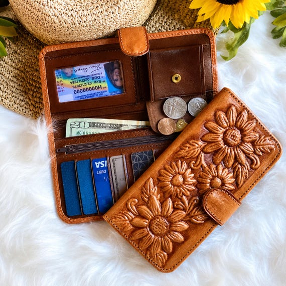 Boho Handmade Sunflower leather Wallets for women • Personalized Gifts for Her • Embossed floral wallet