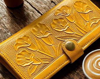 Floral Embossed Leather Wallet: Handmade Women’s Slim Bifold, Personalized