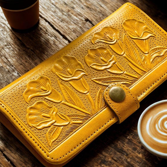 Floral Embossed Leather Wallet: Handmade Women’s Slim Bifold, Personalized