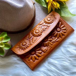 mujer cartera de cuero- Regalo para novia- Mujer cartera cuero- Girasoles regalo