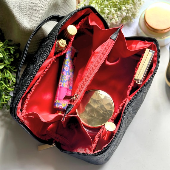 Black Leather Makeup Bag with Compartments • Personalized Travel Cosmetic Organizer • Luxury Gift for Her