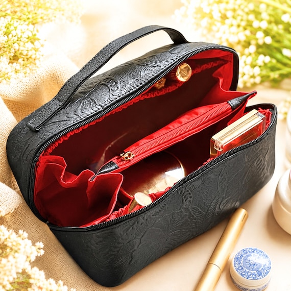 Personalized Floral-Embossed Leather Makeup Bag with Top Handle