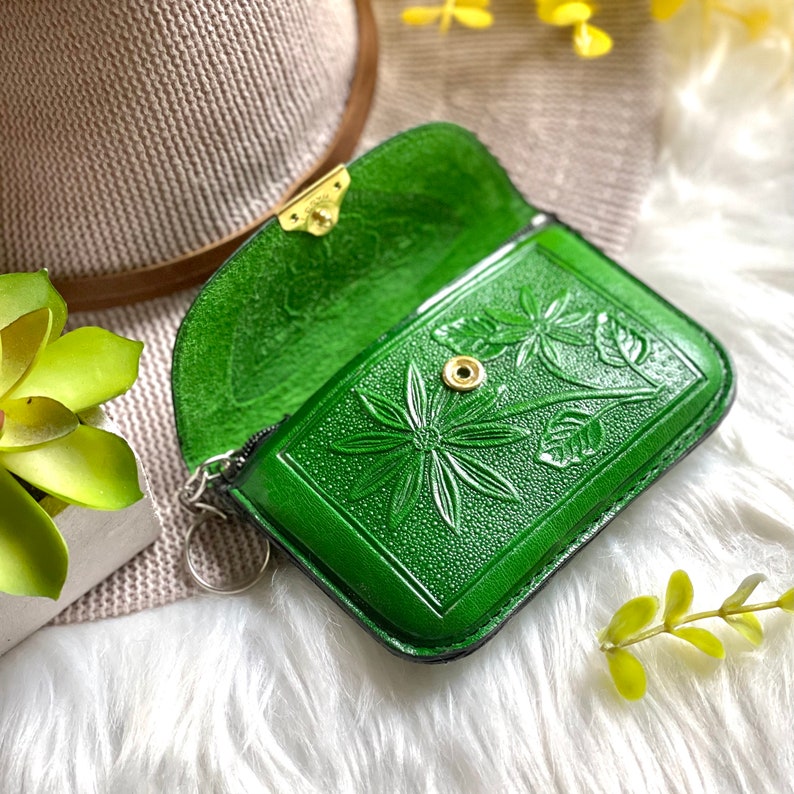 Leather Key ring wallet Zipper pouch Change Purse Emerald Green