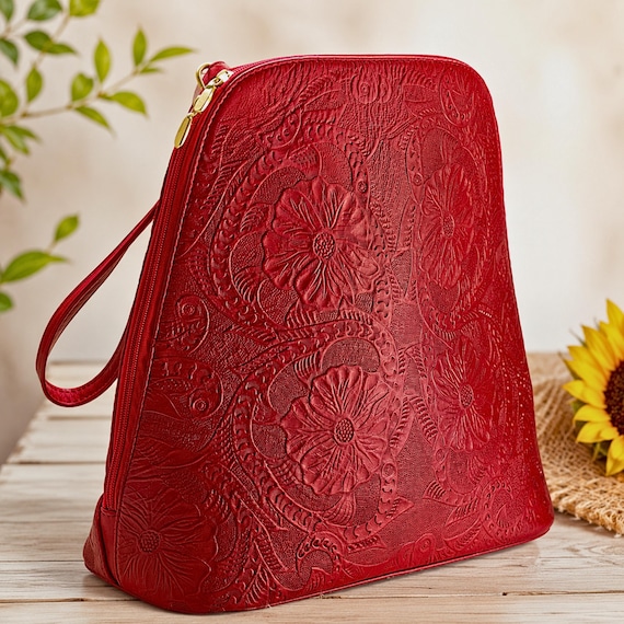 Leather Backpack Purse for Women, Floral Leather Bag, Embossed Leather Backpack, Boho Backpack Purse, Personalized Gift for Her