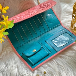 Cartera de piel con diseño de girasol • Cartera plegable personalizada para mujer • Cartera larga estilo bohemio con cremallera • Regalo para ella o para mamá