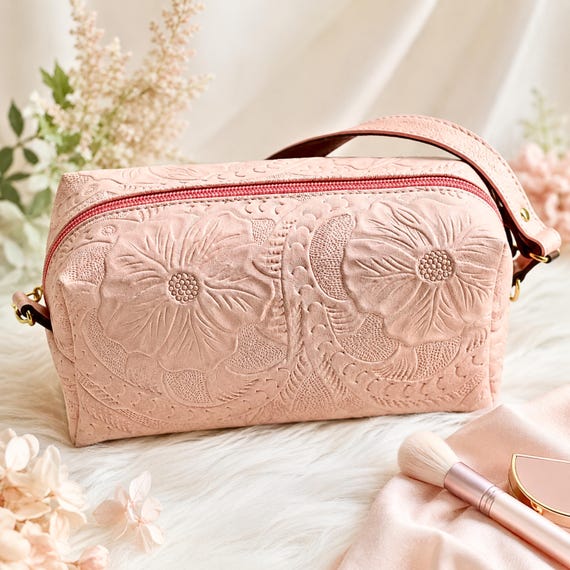 Embossed Floral Leather Makeup Bag, Personalized Cosmetic Toiletry Pouch