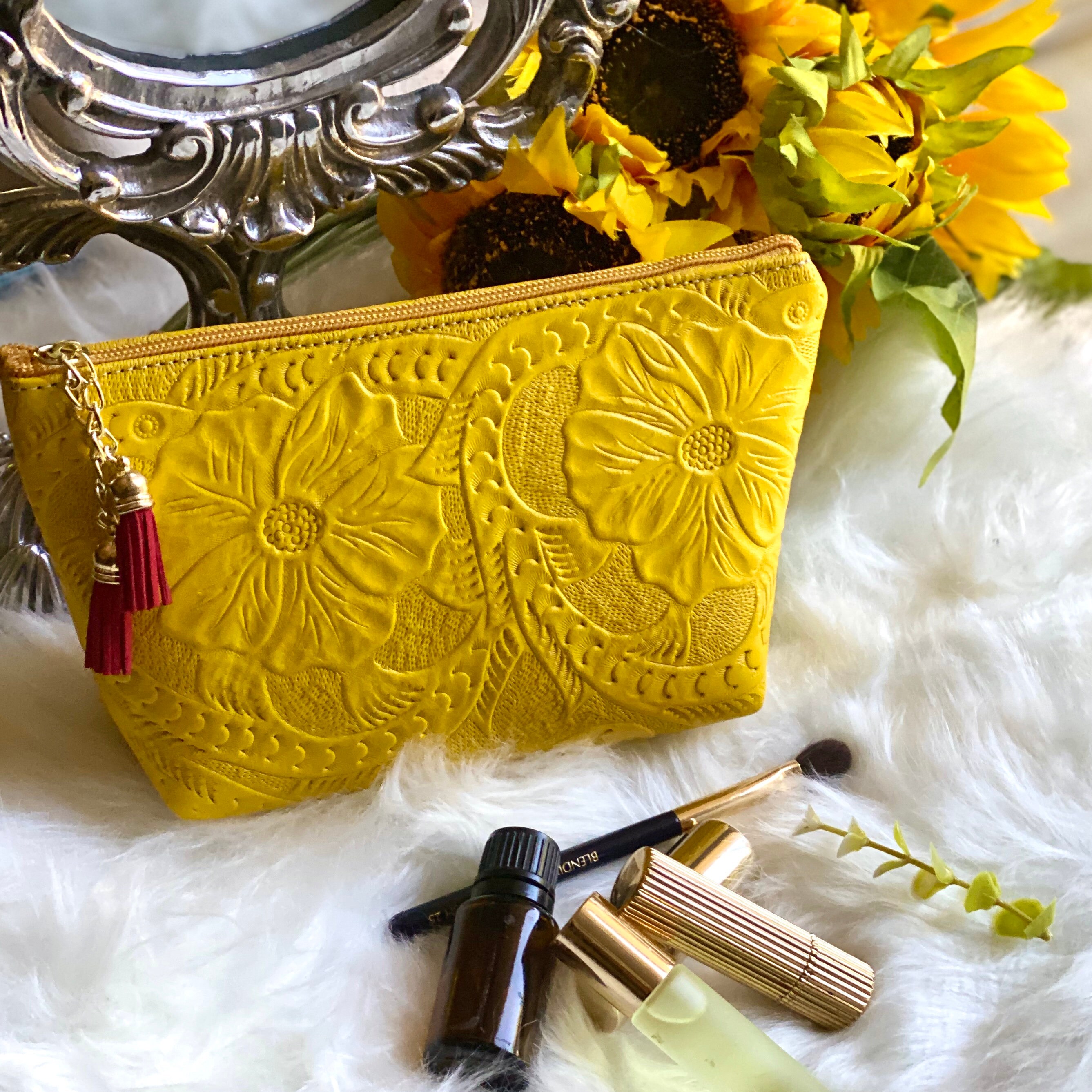 Authentic Leather Tooled Makeup Bag Handmade Cosmetic Bag Gift for