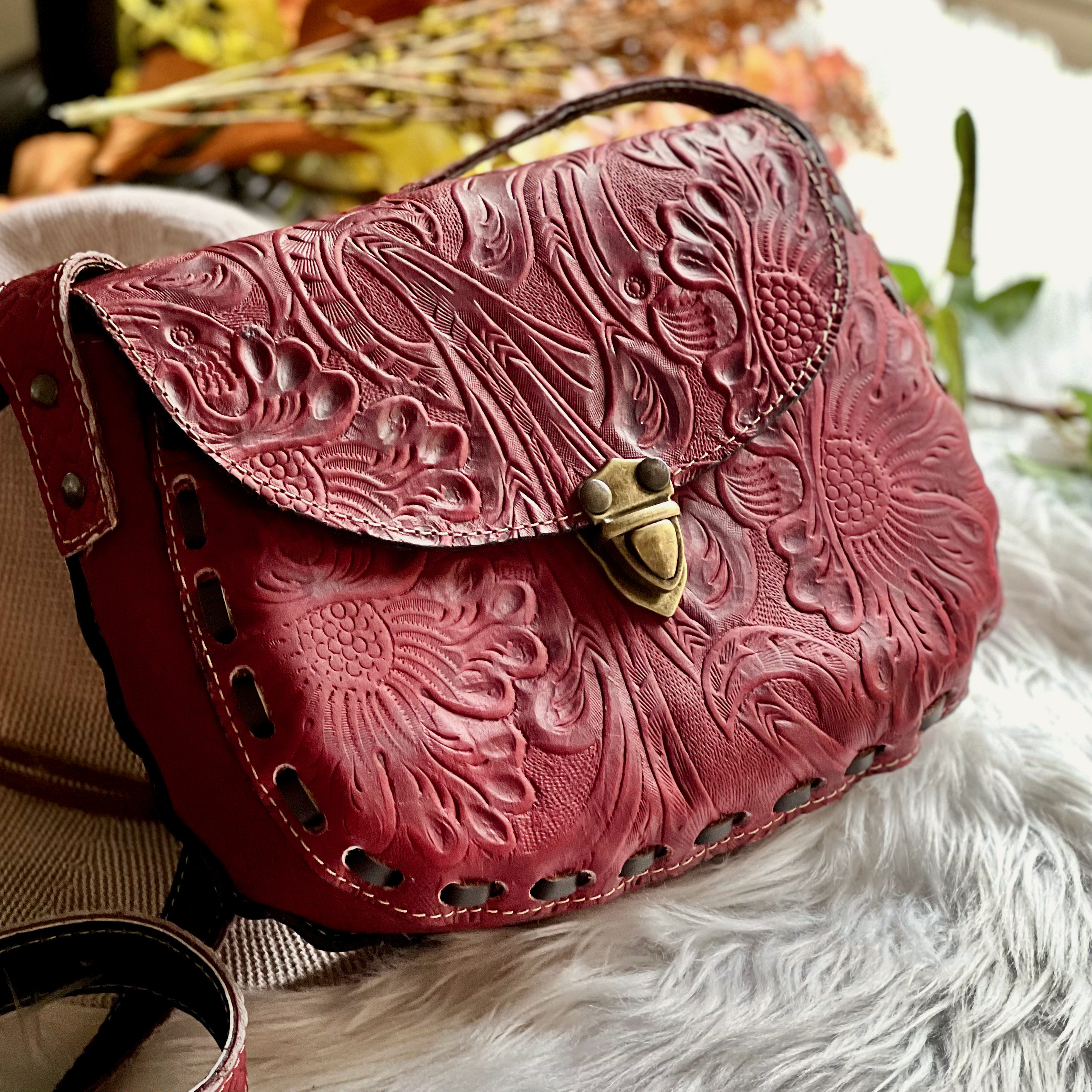 Wild Wings - Tooled Leather Saddle Handbag