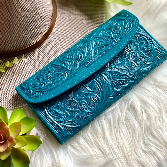 Handmade Leather Long Wallet • Carved Lotus, Floral Boho Purse