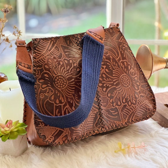 Embossed Leather Shoulder Bag: Handmade Boho Saddle Bag