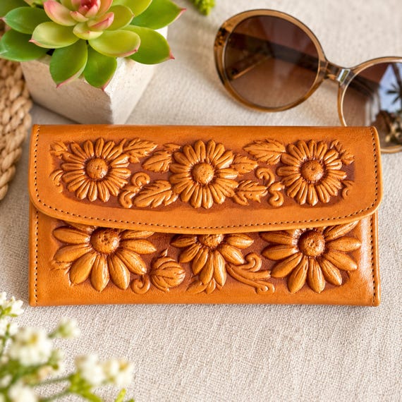 Tooled Leather Wallet for Women: Handmade Sunflower Trifold Boho Style