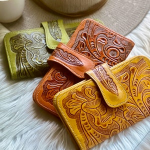 Carteras de piel con diseño floral para mujer: carteras de viaje pequeñas y plegables