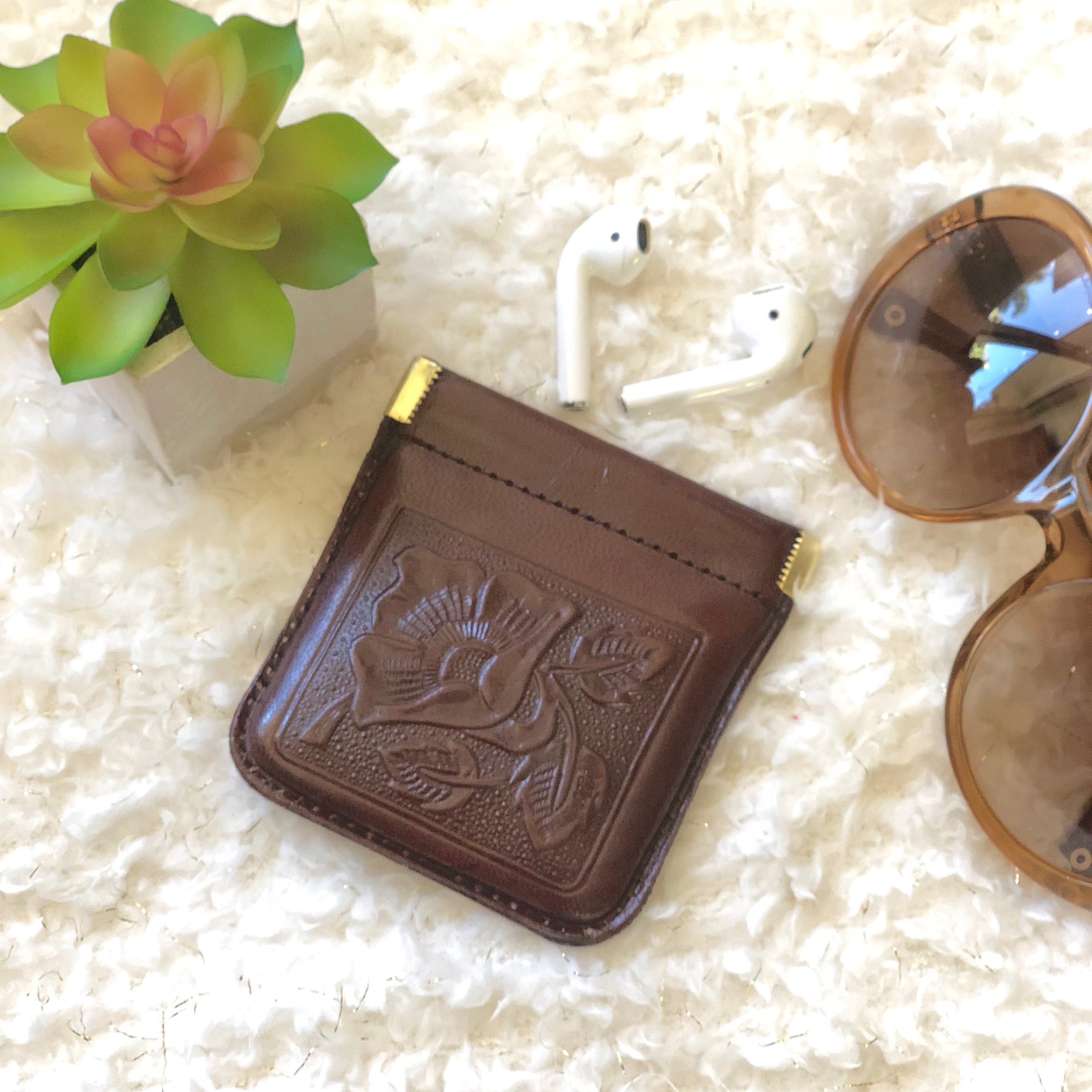 Leather Headphone Case, Tooled Leather coin purse, Tooled Leather