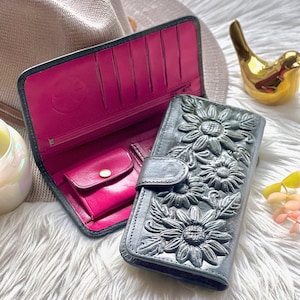 Cartera de piel con diseño de girasol para mujer: plegable y repujada, con un bonito diseño floral, regalo hecho a mano.