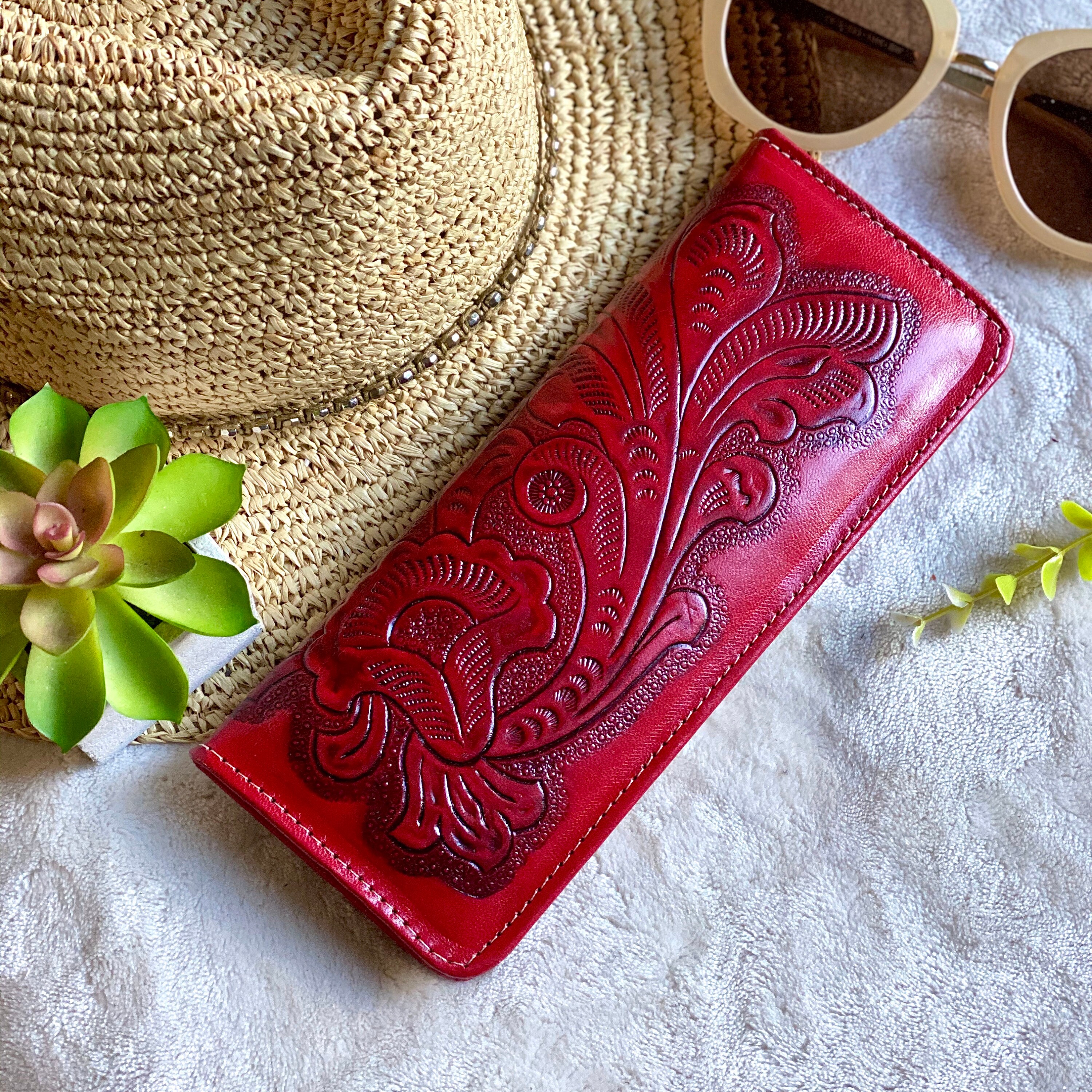 Handmade Tooled checkbook wallet checkbook cover gift for her red