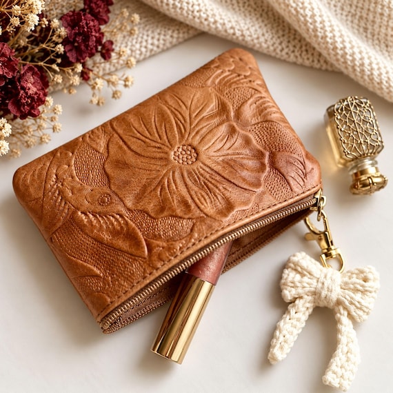 Handmade Leather Pouch with Zipper: Bohemian Cosmetic Bag