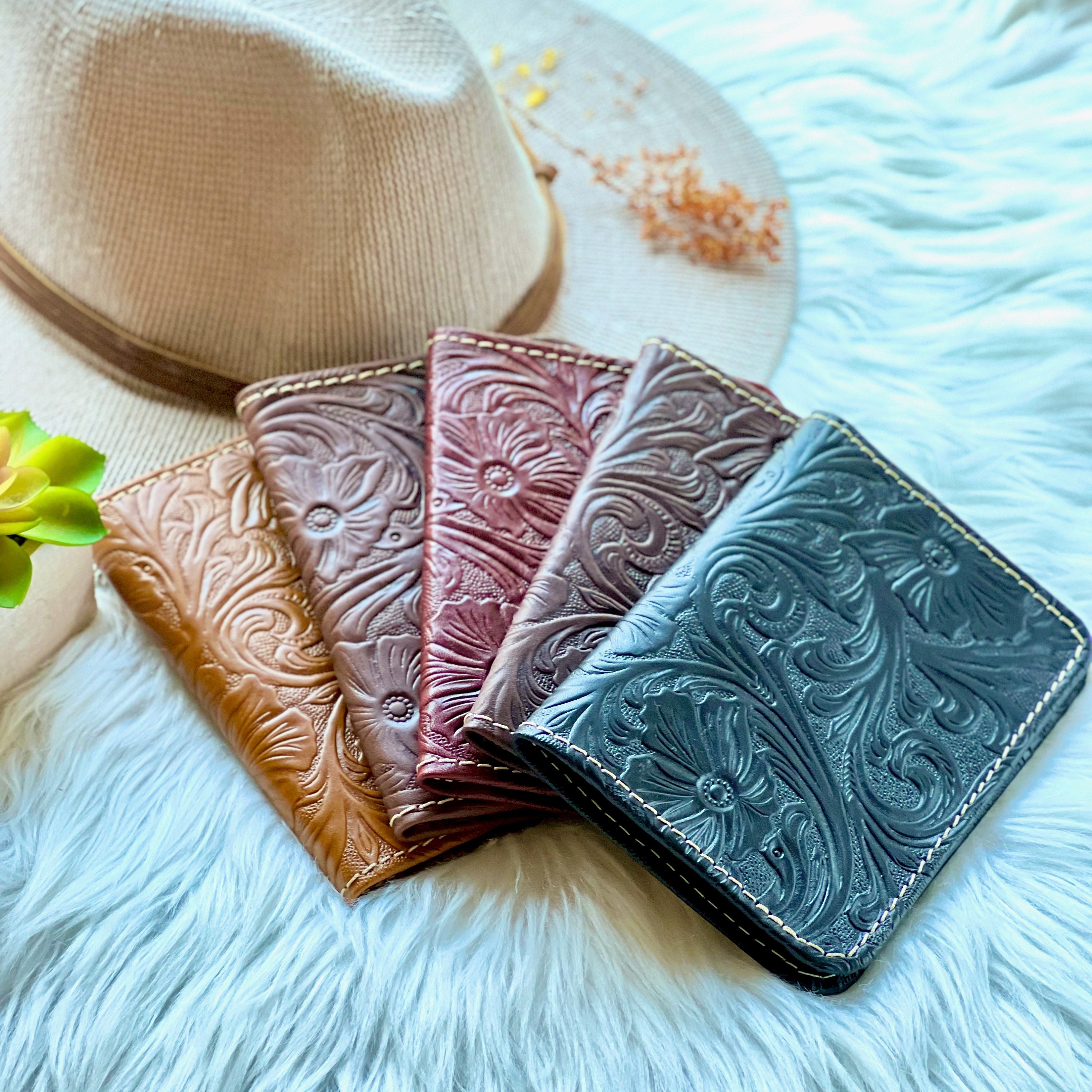 Boho western sustainable leather passport holder • tooled leather