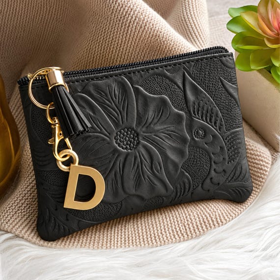 Floral Leather Purse Organizer, Small Zipper Pouch for Makeup, Cables and Everyday Essentials