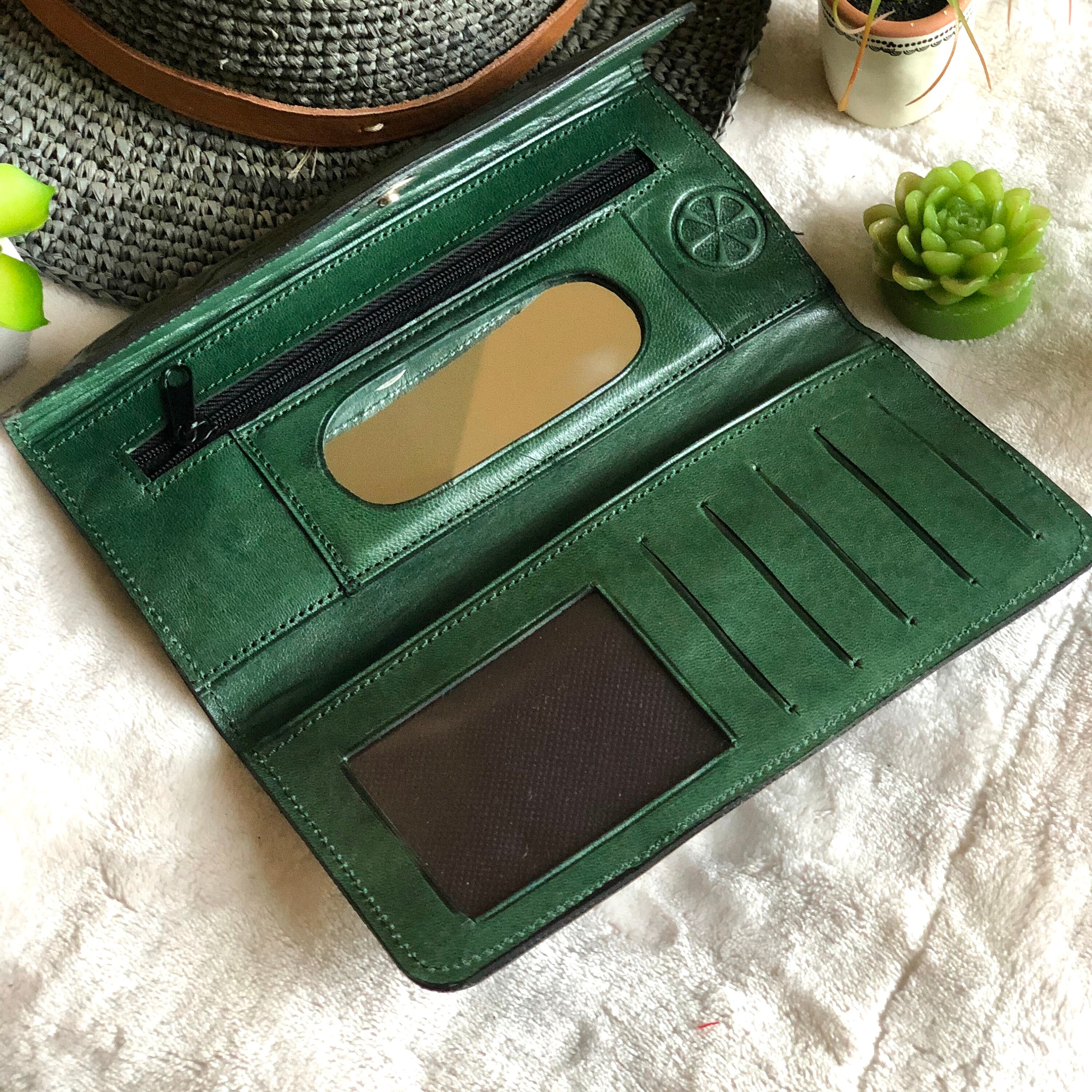 Bohemian woman wallet Leather wallet woman Green leather women's