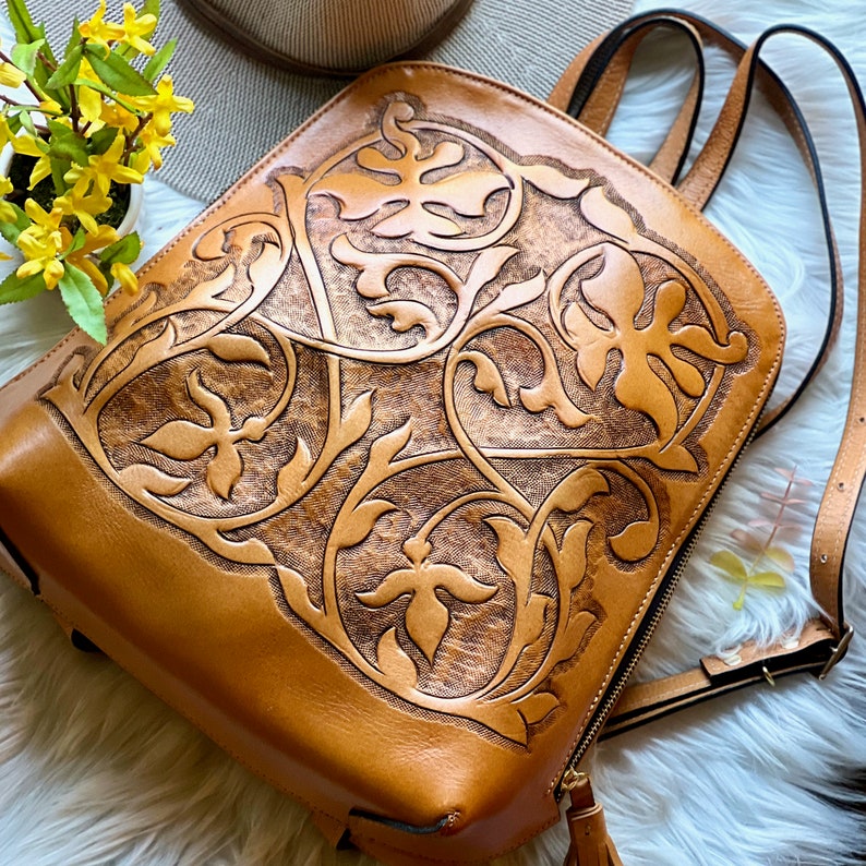 Handmade tooled leather backpack purse for women in boho western style with adjustable straps