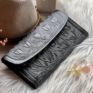 Handcrafted leather woman wallets Embossed leather wallets long wallets for women leather gifts image 1