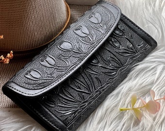 Handcrafted leather woman wallets • Embossed leather wallets • long wallets for women • leather gifts