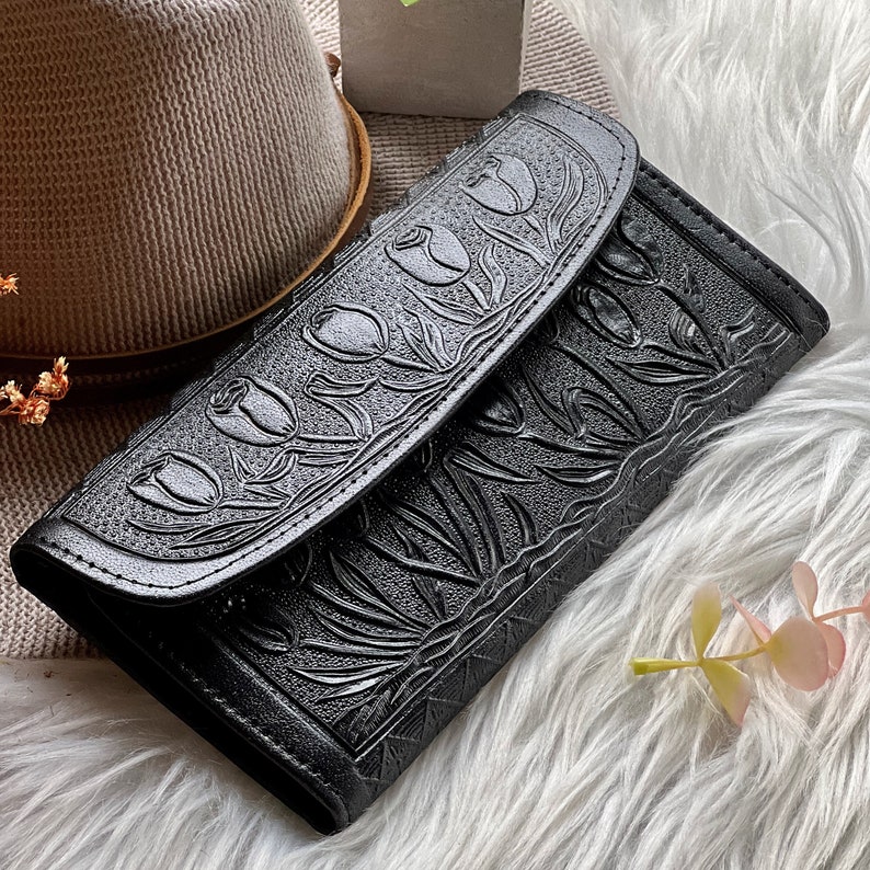 Handcrafted leather woman wallets Embossed leather wallets long wallets for women leather gifts image 1
