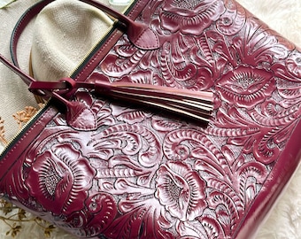 Boho Western Hand-Carved Zipper Tote Bag • Large Floral Leather Tote •  Personalized Gifts for Her