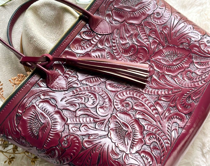 Boho Western Hand-Carved Zipper Tote Bag • Large Floral Leather Tote •  Personalized Gifts for Her