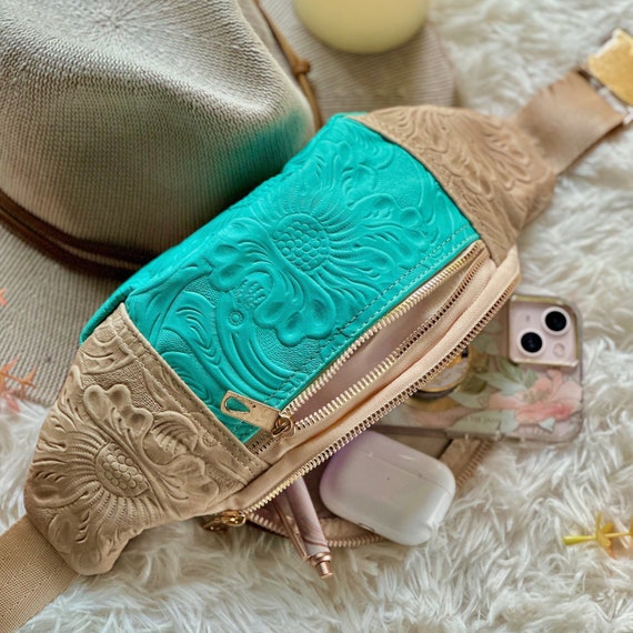 Embossed Leather Sling Bag: Floral Boho Fanny Pack