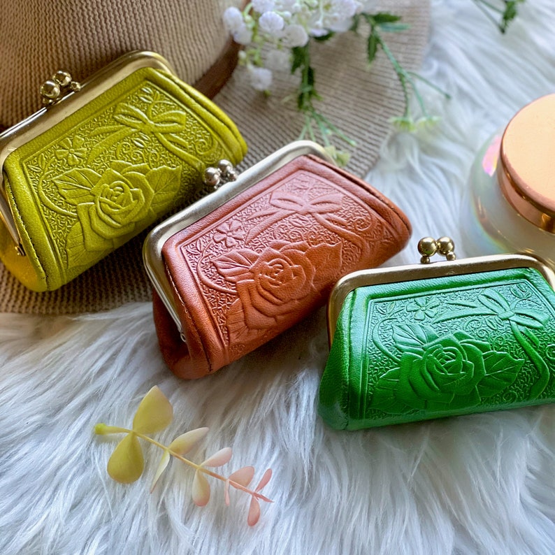 Chartreuse, cognac and Kelly green coin purses