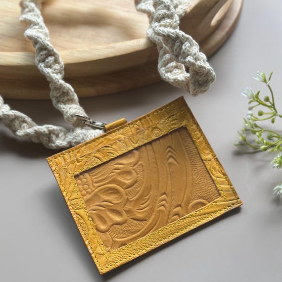 Floral Embossed Leather Badge Holder with Macrame Lanyard, Boho ID Holder