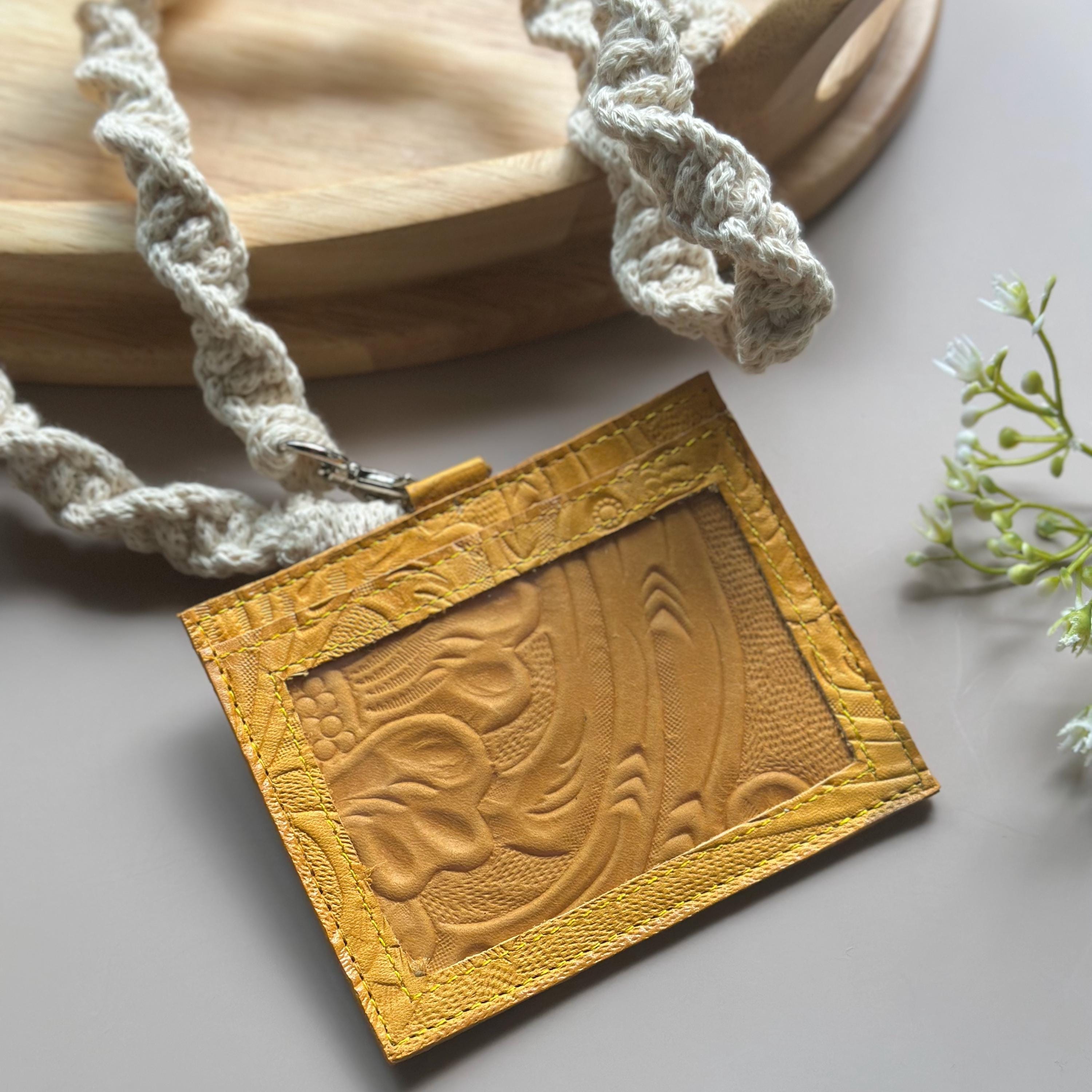 Floral Embossed Leather Badge Holder with Macrame Lanyard, Boho ID Holder
