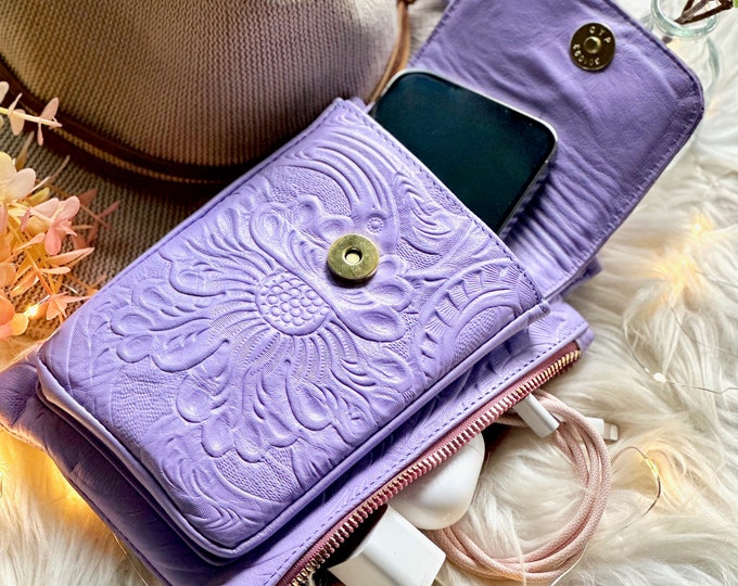Small Leather Crossbody Bag • Floral Embossed Phone Purse • Personalized Gift for Her • Sweet 16 or Florist Gift • Minimalist Shoulder Bag