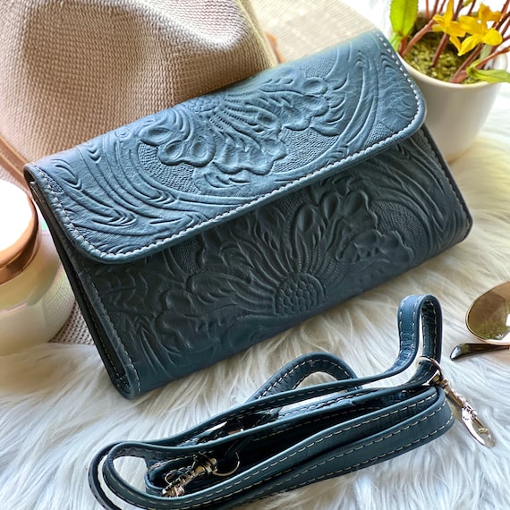 Carved Leather Crossbody Bag: Boho Floral Cellphone Purse