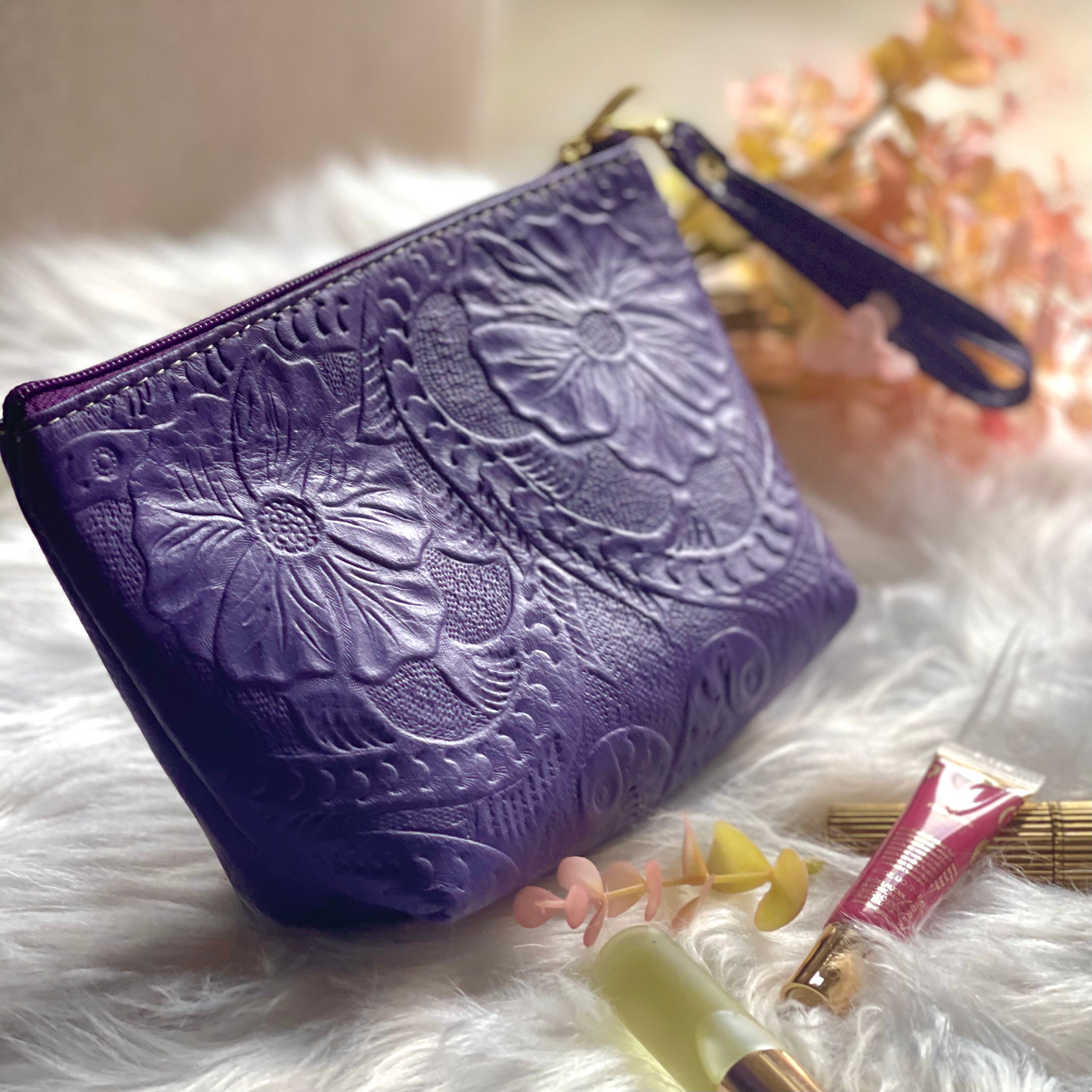 Embossed Leather makeup bag • women's Toiletry bag • Cosmetic Bag