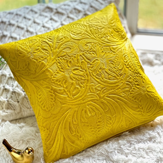 Embossed Leather Pillow Cover: Handmade Accent Cushion, 15" x 15"