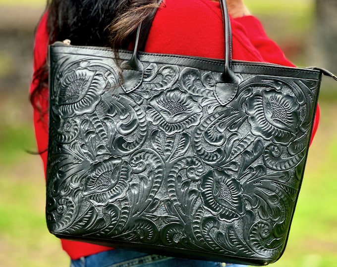 Boho Western Hand-Carved Zipper Tote Bag • Large Floral Leather Tote •  Personalized Gifts for Her