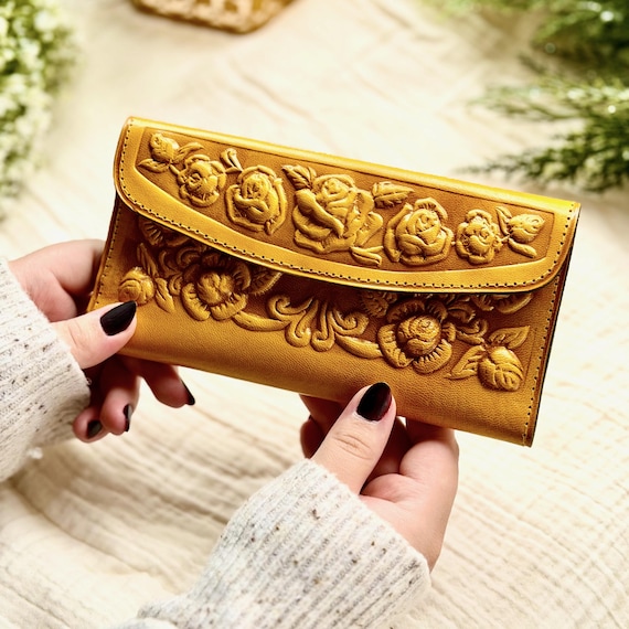 Rose Embossed Leather Wallet • Handmade Vintage Women’s Wallet • Personalized Floral Gift