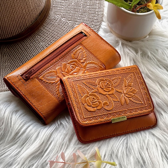 Small Leather Wallet Set, Floral Leather Wallet, Embossed Wallet & Coin Purse, Personalized Wallet Gift for Her, Minimalist Womens Wallet
