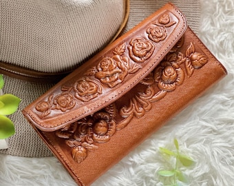 Floral Leather Wallet for Women - Handmade Vintage Bohemian Wallet with Embossed Roses, Engraved Personalization