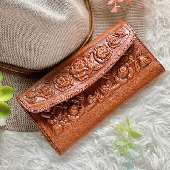 Floral Leather Wallet for Women - Handmade Vintage Bohemian Wallet with Embossed Roses, Engraved Personalization