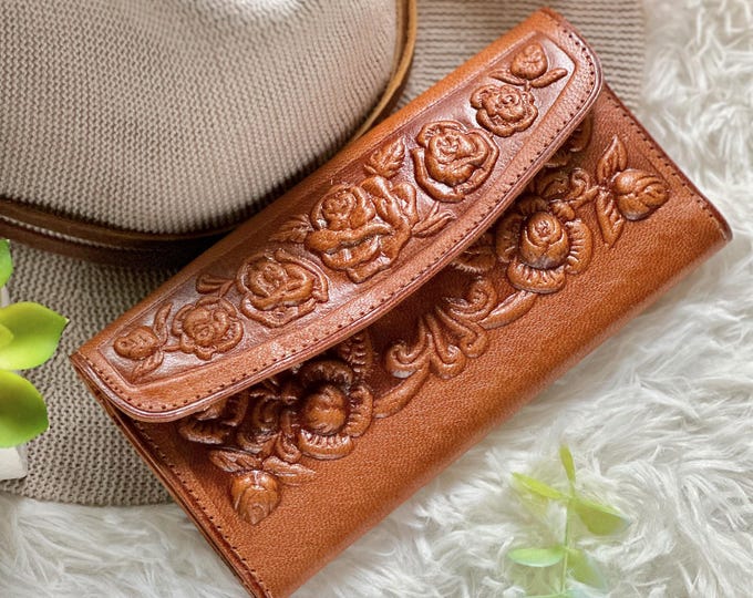 Floral Leather Wallet for Women - Handmade Vintage Bohemian Wallet with Embossed Roses, Engraved Personalization