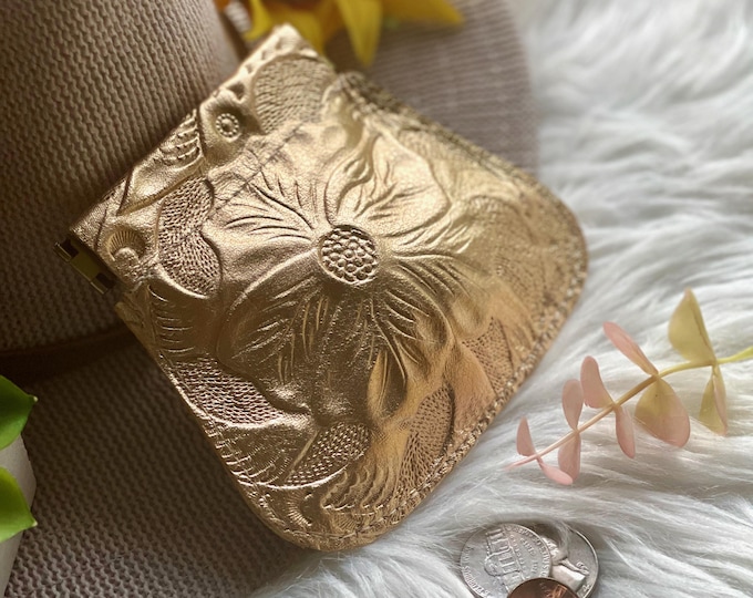 Leather Pouch • Floral Squeeze Purse • Small Vintage Organizer • Handmade Gift for Her