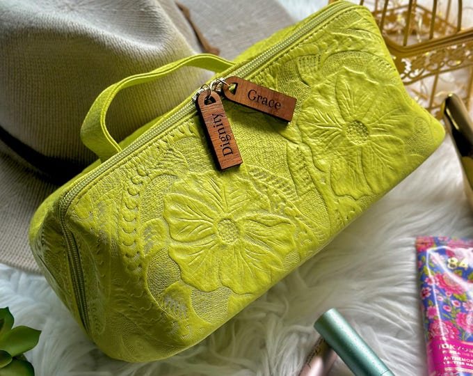 Handcrafted cute leather makeup bag organizer •  Custom Authentic Leather Cosmetic Bag • Personalized Gifts