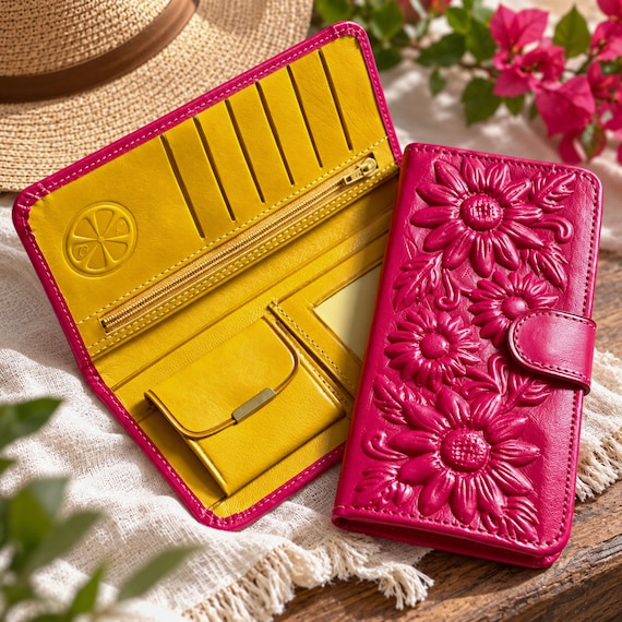 Personalized Sunflower Leather Wallet for Women, Floral Bifold Wallet with ID Window, Engraved Gift for Her