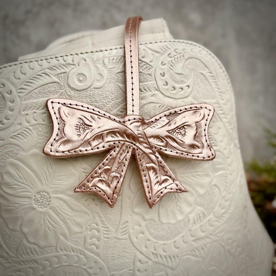 Personalized Leather Luggage Tag, Hand-Tooled Bow Purse Charm, Custom Engraved Bag Charm