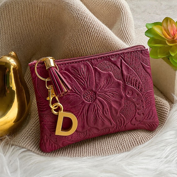 Personalized Floral Leather Pouch with Initial Charm, Embossed Zipper Coin Purse for Women
