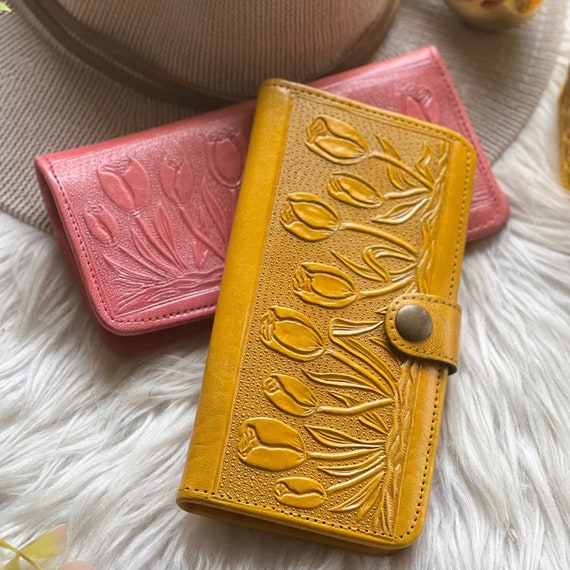 Embossed Tulip Leather Wallet • Women's Handmade Floral Bifold